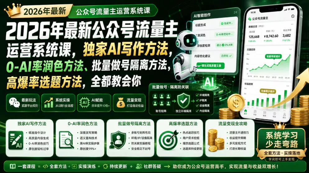 2026年最新公众号流量主运营系统课，独家AI写作方法，0-AI率润色方法、批量做号隔离方法、高爆率选题方法，全都教会你 - 来及网络