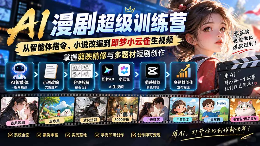 AI漫剧超级特训营：从智能体指令、小说改编到即梦小云雀生视频，掌握剪映精修与多题材短剧创作 - 来及网络