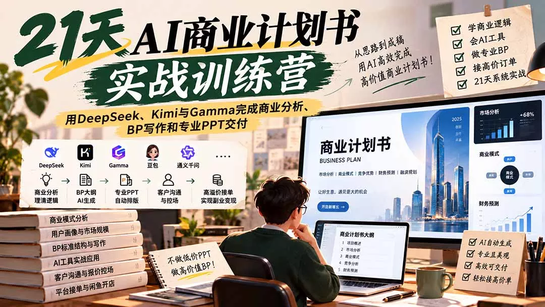 【无水印】21天AI商业计划书实战训练营：用DeepSeek、Kimi与Gamma完成商业分析、BP写作和专业PPT交付 - 来及网络