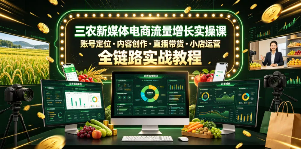 三农新媒体电商流量增长实操课，账号定位・内容创作・直播带货・小店运营，全链路实战教程 - 来及网络