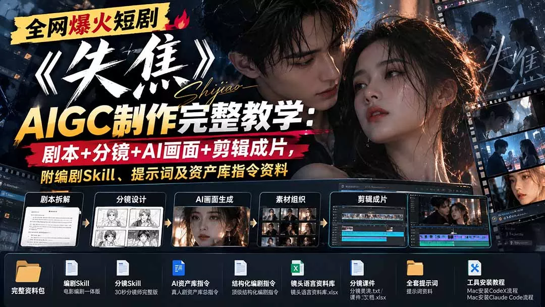 全网爆火短剧《失焦》AIGC制作完整教学：剧本+分镜+AI画面+剪辑成片，附编剧Skill、提示词及资产库指令资料 - 来及网络