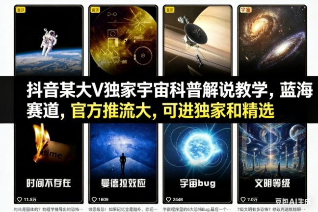 抖音某大V独家宇宙科普解说教学，蓝海赛道，官方推流大，可进独家和精选 - 来及网络