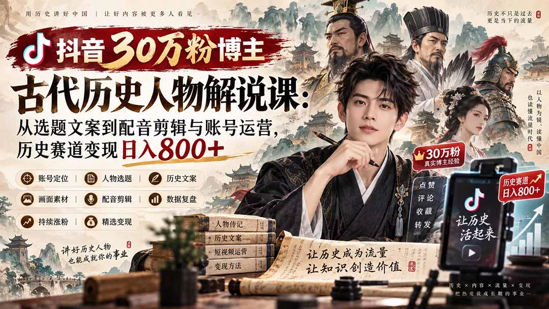 抖音30万粉博主古代历史人物解说课：从选题文案到配音剪辑与账号运营，历史赛道变现日入800+ - 来及网络