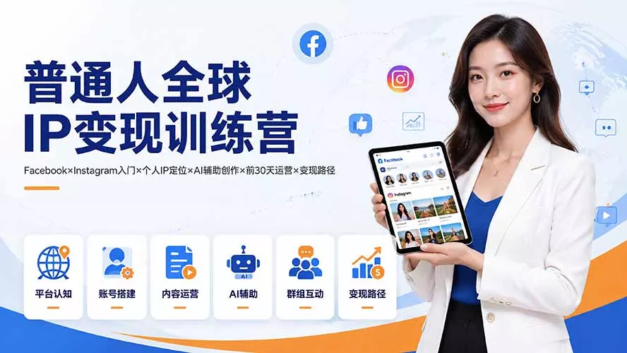 普通人全球IP变现训练营：Facebook×Instagram入门×个人IP定位×AI辅助创作×前30天运营×变现路径 - 来及网络