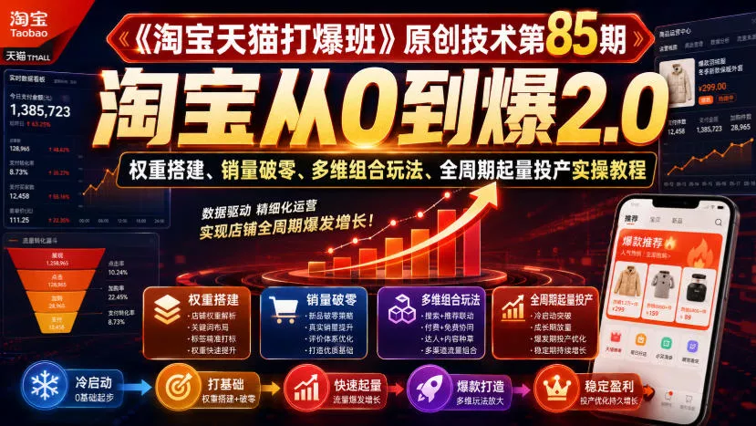 《淘宝天猫打爆班》原创技术第85期，淘宝从0到爆2.0，权重搭建、销量破零、多维组合玩法、全周期起量投产实操教程 - 来及网络