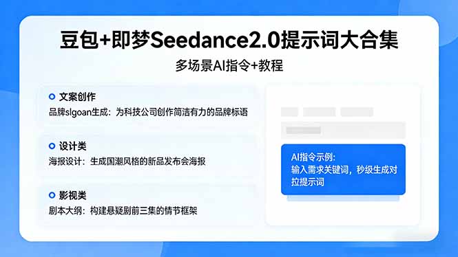 豆包+即梦Seedance2.0提示词大合集：多场景AI指令+教程，解锁文案、设计、影视高效创作 - 来及网络