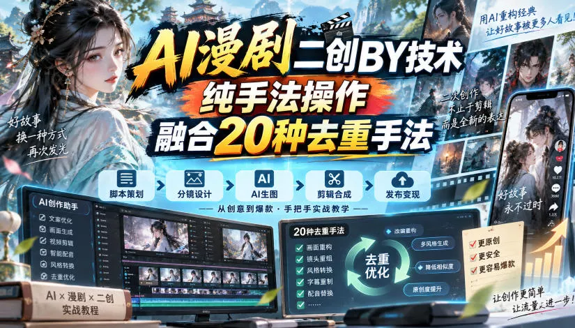 AI漫剧二创搬运技术，纯手法操作，融合20种去重手法 - 来及网络