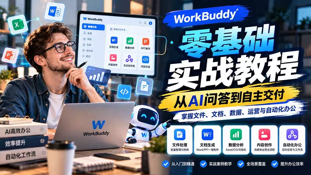 WorkBuddy零基础实战教程：从AI问答到自主交付，掌握文件、文档、数据、运营与自动化办公