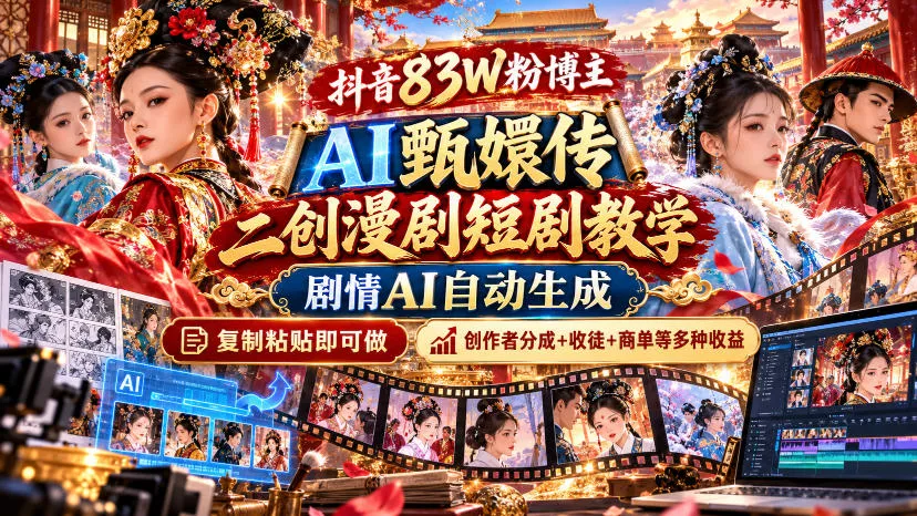 抖音83W粉博主AI甄嬛传二创漫剧短剧教学｜剧情AI自动生成，复制粘贴即可做，各大平台创作者分成+收徒等多种收益 - 来及网络