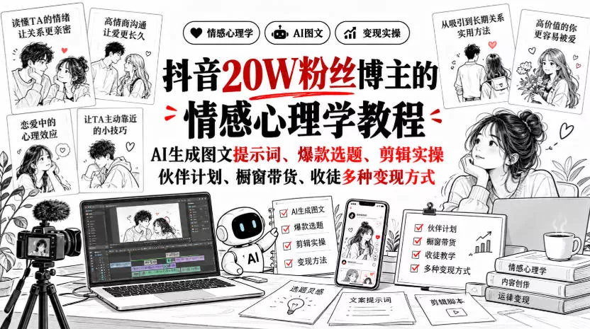 抖音20W粉丝博主静候心声的情感心理学教程，AI生成图文提示词、爆款选题、剪辑实操，伙伴计划、橱窗带货、收徒多种变现方式 - 来及网络