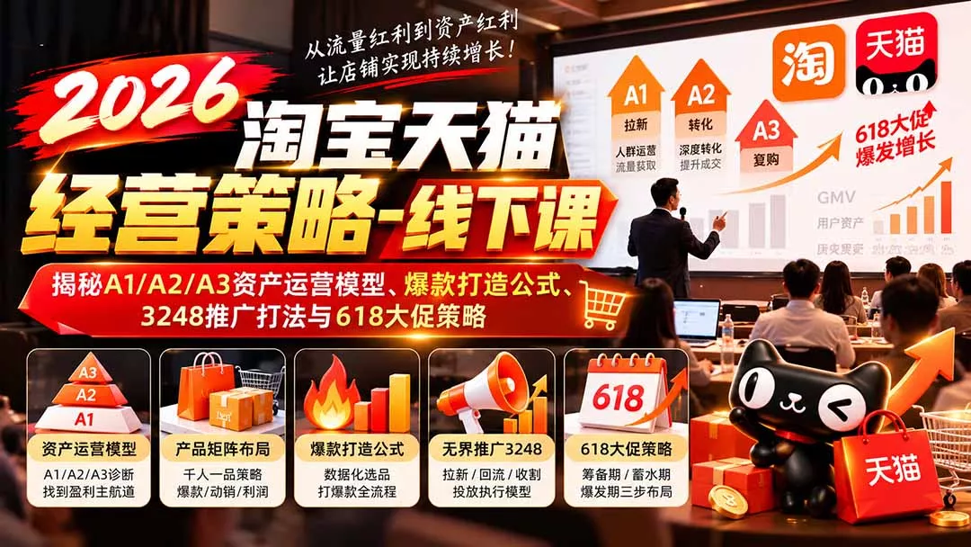 2026淘宝天猫经营策略-线下课：揭秘A1/A2/A3资产运营模型、爆款打造公式、3248推广打法与618大促策略 - 来及网络