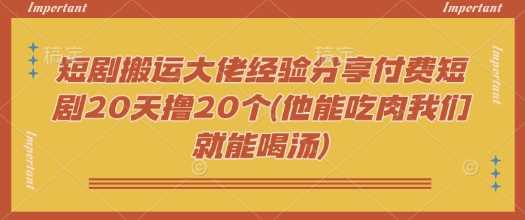 短剧搬运大佬经验分享付费短剧20天撸20个(他能吃肉我们就能喝汤) - 来及网络