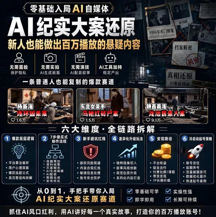 抖音8W粉丝博主的AI纪实大案还原教学，新人也能做出百W播放的悬疑内容，抓住AI风口红利，用AI讲好每一个真实故事(更新1014)