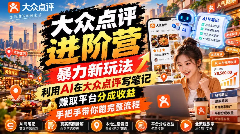 大众点评进阶营，暴力新玩法，利用AI在大众点评写笔记， 賺取平台分成收益，手把手带你跑完整流程 - 来及网络
