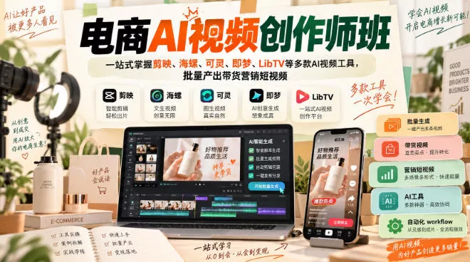 电商AI视频创作师班，一站式掌握剪映、海螺、可灵、即梦、LibTV等多款AI视频工具，批量产出带货营销短视频 - 来及网络