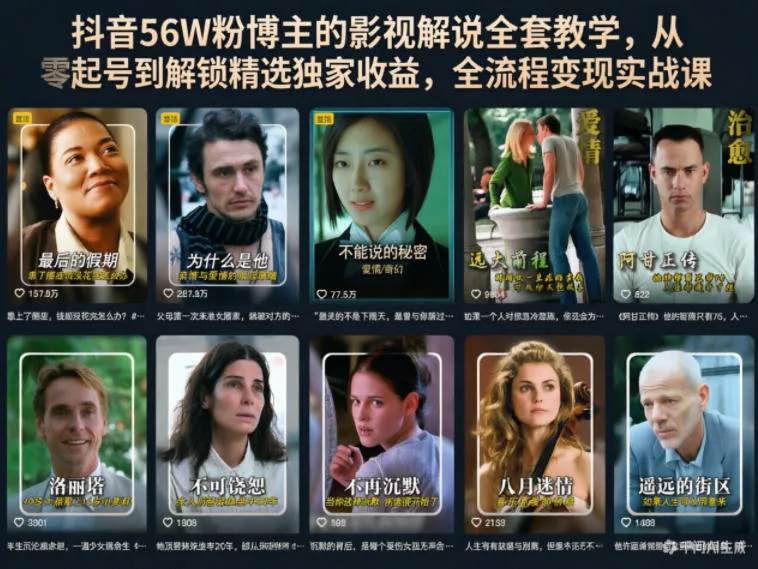 抖音56W粉博主的影视解说全套教学，从零起号到解锁精选独家收益，全流程变现实战课 - 来及网络