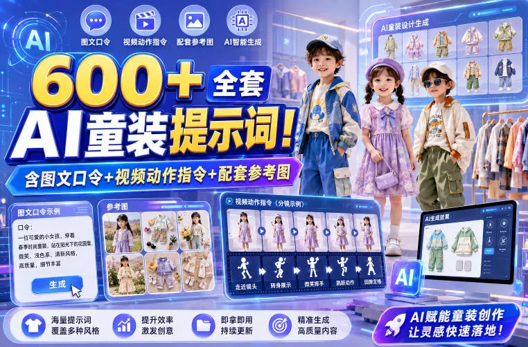 600+全套AI童装提示词！含图文口令+视频动作指令+配套参考图，Word-Excel规整分类，童装电商、种草无脑量产内容！ - 来及网络