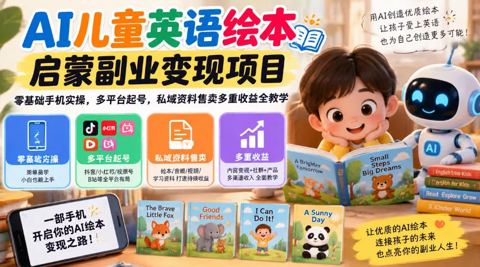 AI儿童英语绘本启蒙副业变现项目，零基础手机实操，多平台起号，私域资料售卖多重收益全教学 - 来及网络