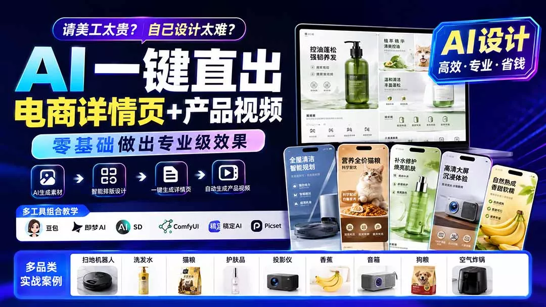 请美工太贵？自己设计太难？AI一键直出电商详情页+产品视频，零基础做出专业级效果 (更新0820 - 来及网络