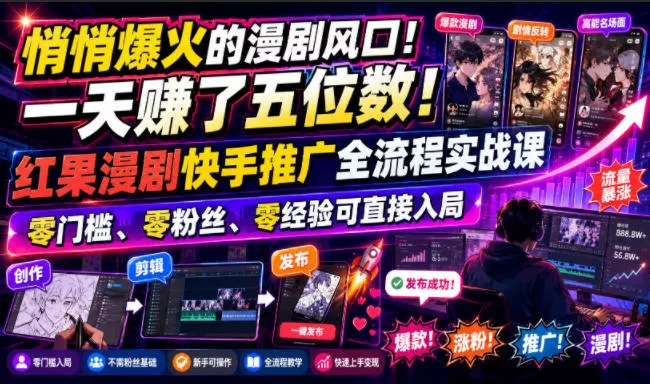 悄悄爆火的漫剧风口！一天賺了五位数！红果漫剧快手推广全流程实战课，零门槛、零粉丝、零经验可直接入局 - 来及网络