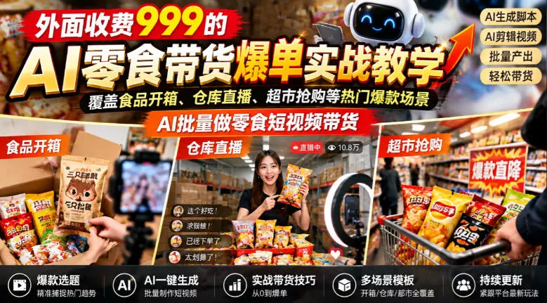 外面收费999的AI零食带货爆单实战教学，覆盖食品开箱、仓库直播、超市抢购等热门爆款场景，AI批量做零食短视频带货 - 来及网络