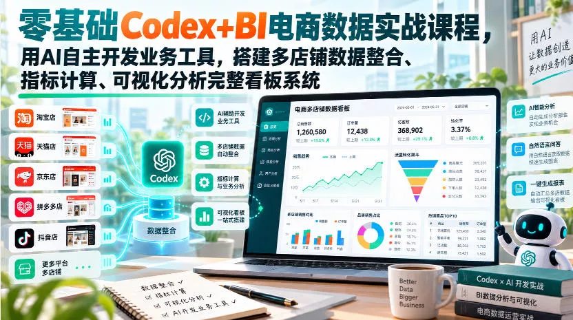 零基础Codex+BI电商数据实战课程，用AI自主开发业务工具，搭建多店铺数据整合、指标计算、可视化分析完整看板系统 - 来及网络