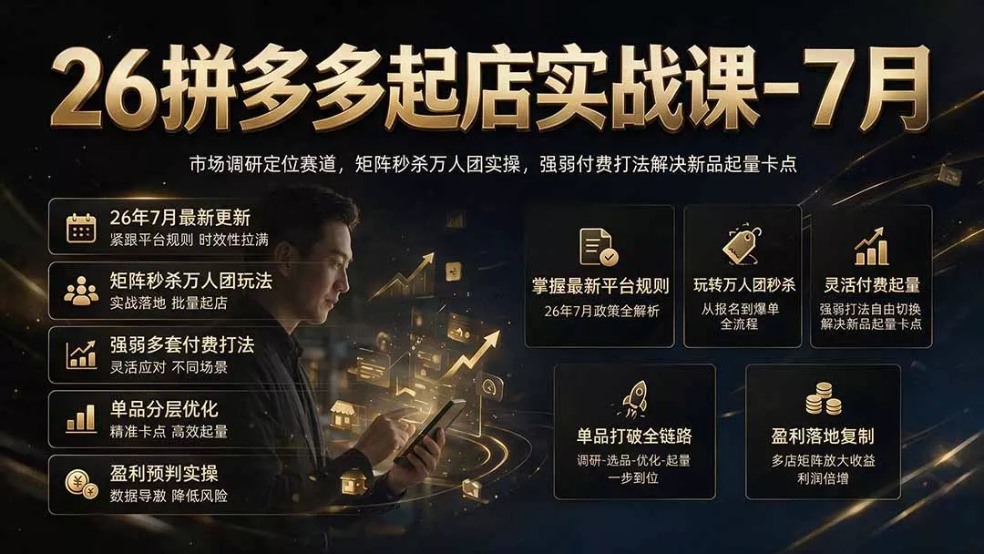 26拼多多起店实战课-7月｜市场调研定位赛道，矩阵秒杀万人团实操，强弱付费打法解决新品起量卡点 - 来及网络