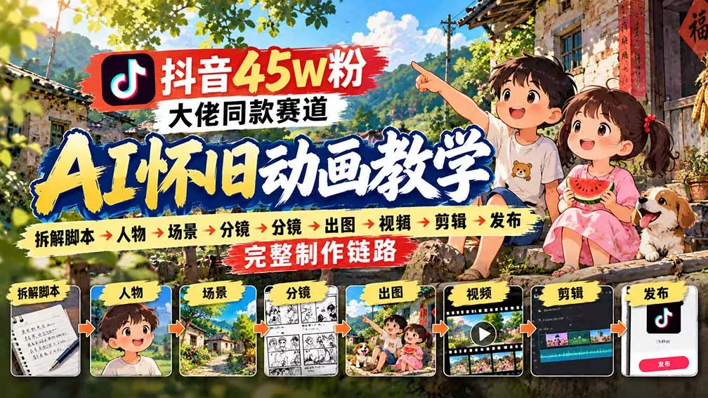 抖音45W粉大佬同款赛道AI怀旧动画教学：拆解脚本→人物→场景→分镜→出图→视频→剪辑→发布完整制作链路 - 来及网络