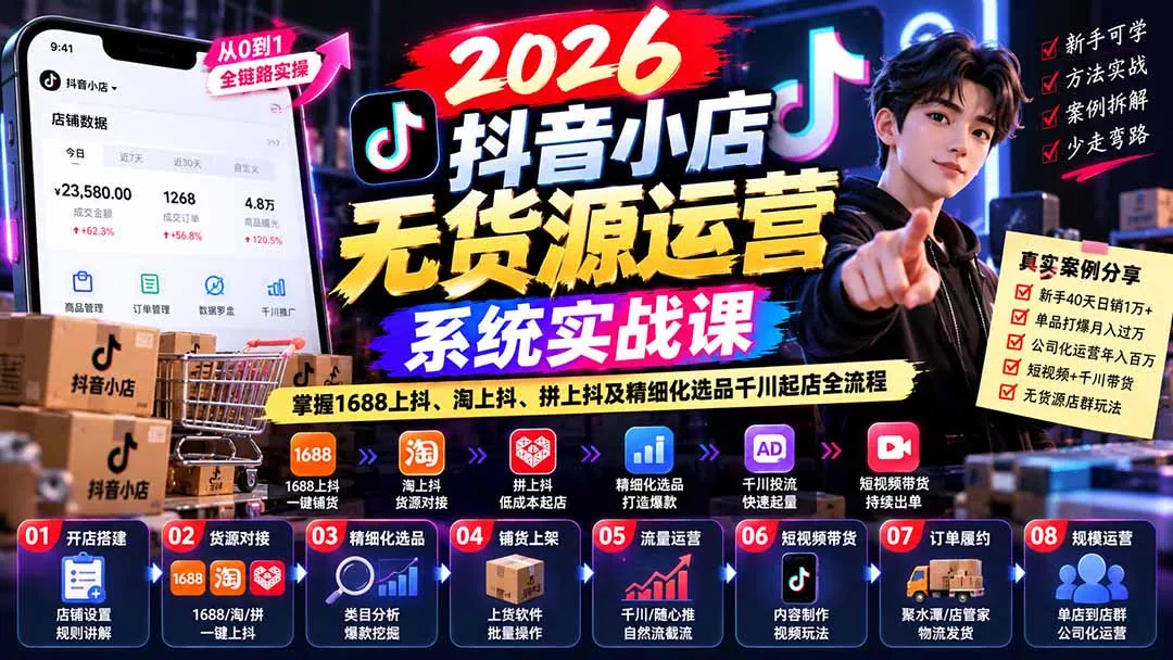 【无水印】2026抖音小店无货源运营系统实战课：掌握1688上抖、淘上抖、拼上抖及精细化选品千川起店全流程 - 来及网络