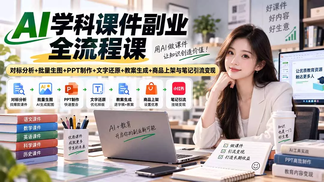 AI学科课件副业全流程课｜对标分析+批量生图+PPT制作+文字还原+教案生成+商品上架与笔记引流变现 - 来及网络