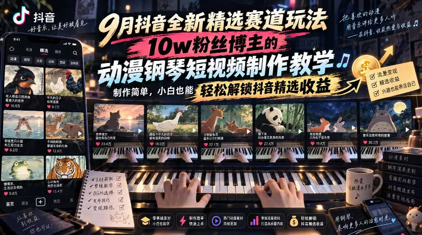 9月抖音全新精选赛道玩法，10w粉丝博主的动漫钢琴短视频制作教学，制作简单，小白也能轻松解锁抖音精选收益 - 来及网络