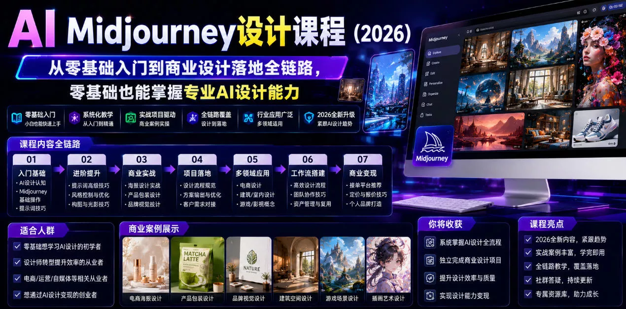 AI Midjourney设计课程(2026)，从零基础入门到商业设计落地全链路，零基础也能掌握专业AI设计能力(更新1007) - 来及网络