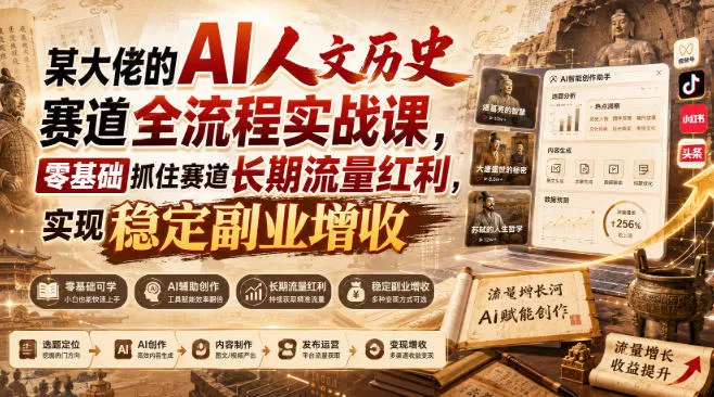 某大佬的AI人文历史赛道全流程实战课，零基础抓住赛道长期流量红利，实现稳定副业增收 - 来及网络