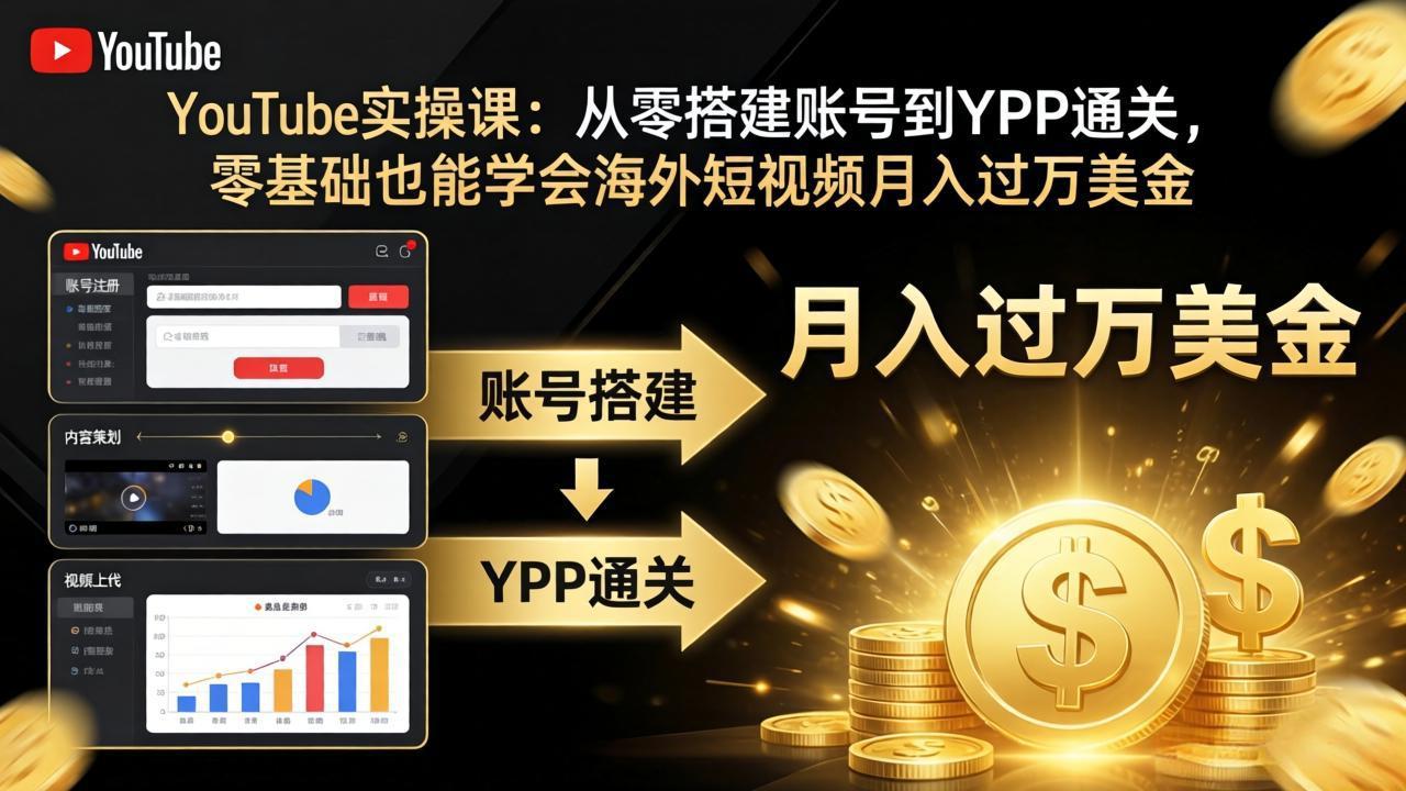 YouTube实操课：从零搭建账号到YPP通关，零基础也能学会海外短视频月入过万美金 - 来及网络