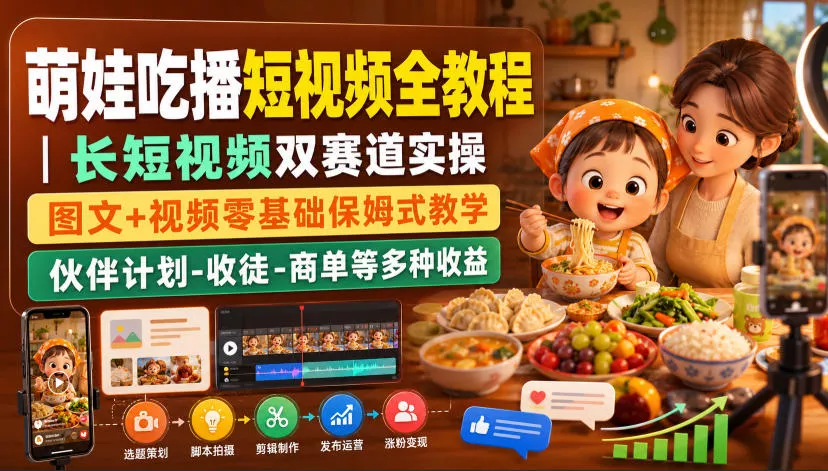 萌娃吃播短视频全教程｜长短视频双赛道实操，图文+视频零基础保姆式教学，伙伴计划-收徒-商单等多种变现方式 - 来及网络