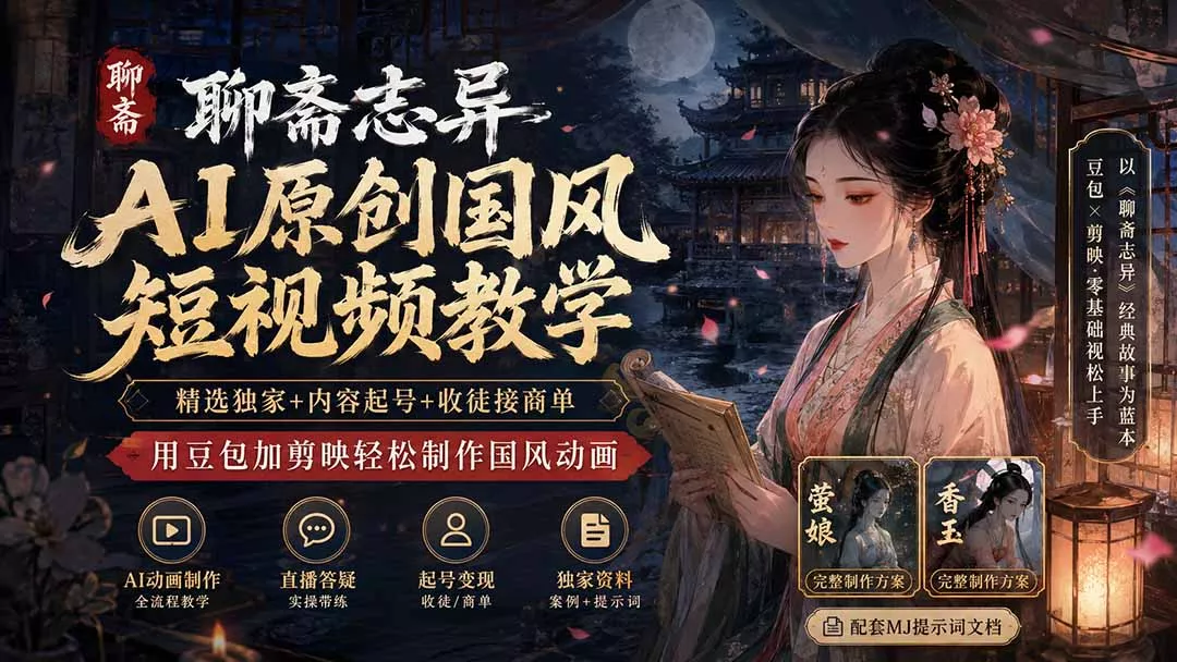 聊斋志异AI原创国风短视频教学；精选独家+内容起号+收徒接商单，用豆包加剪映轻松制作国风动画 - 来及网络