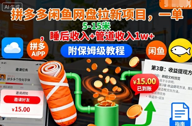 拼多多闲鱼网盘拉新项目，一单5-15米，睡后收入+管道收入1w+(附保姆级教程) - 来及网络