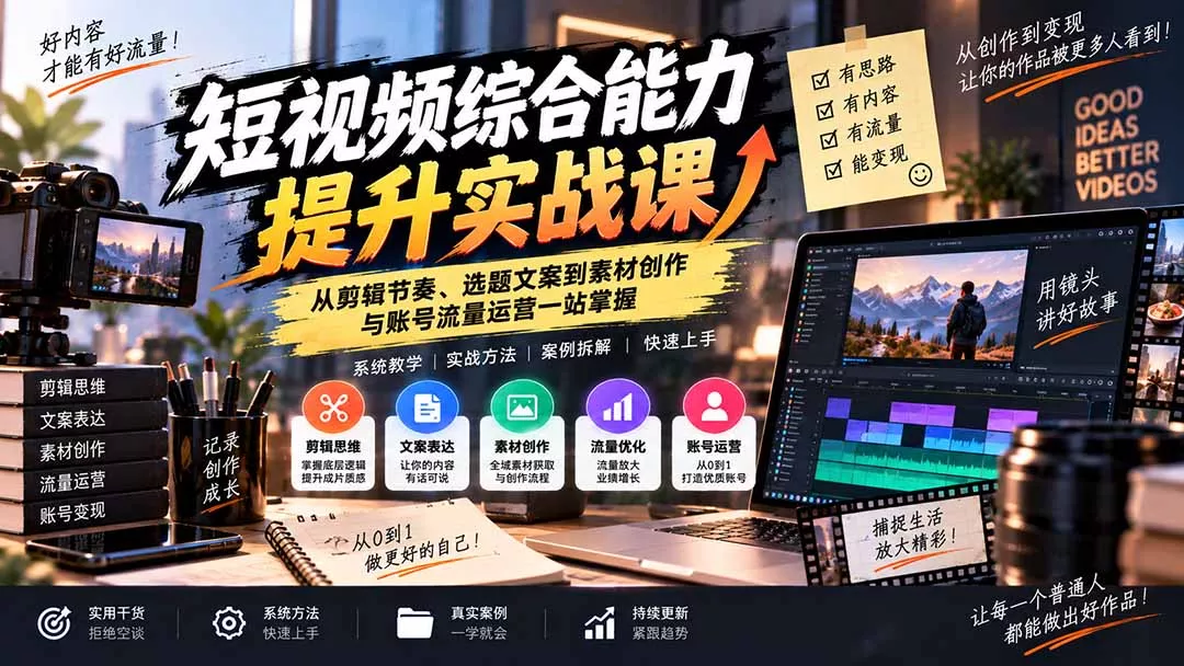 短视频综合能力提升实战课：从剪辑节奏、选题文案到素材创作与账号流量运营一站掌握 - 来及网络