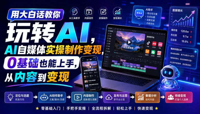 用大白话教你玩转AI，AI自媒体实操制作变现，0基础也能上手，从内容到变现 - 来及网络