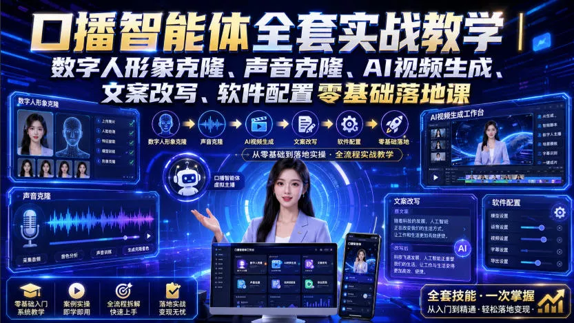 口播智能体全套实战教学｜数字人形象克隆、声音克隆、AI视频生成、文案改写、软件配置零基础落地课 - 来及网络