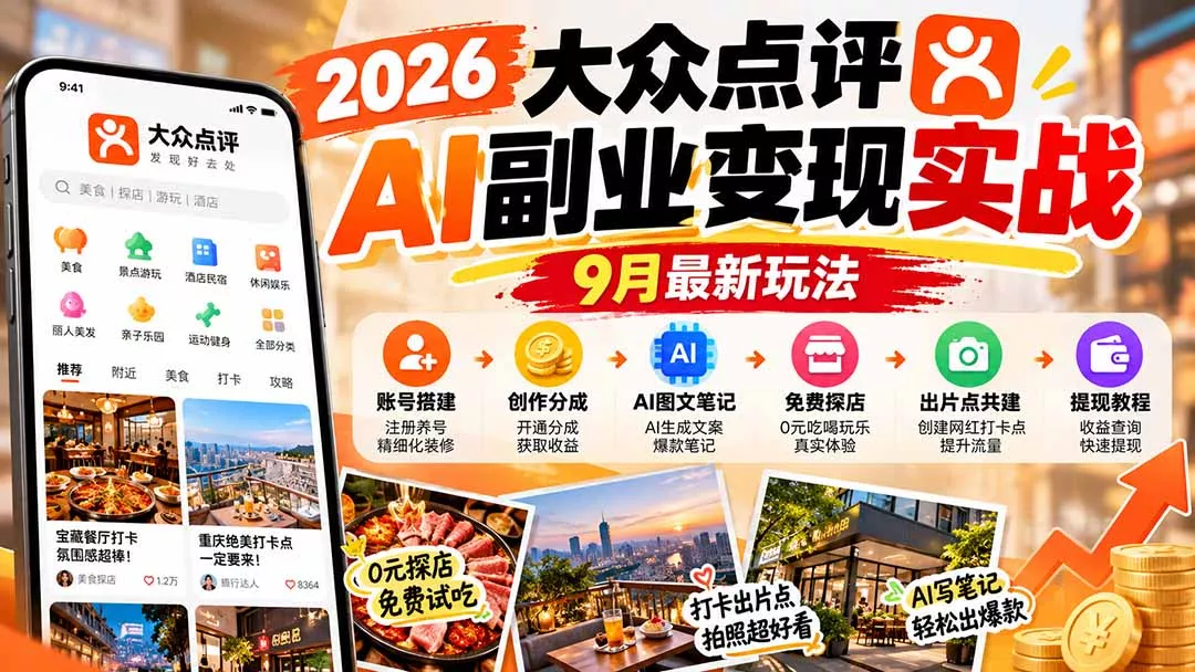 2026大众点评AI副业变现实战9月最新玩法：账号搭建+创作分成+AI图文笔记+免费探店+出片点共建与提现教程 - 来及网络