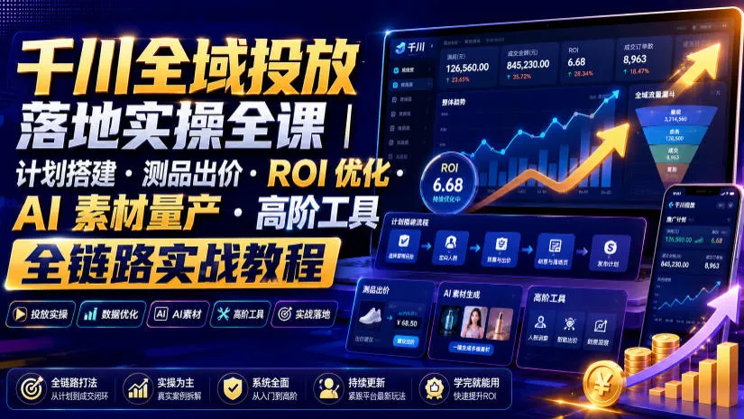千川全域投放落地实操全课｜计划搭建・测品出价・ROI优化・AI素材量产・高阶工具全链路实战教程 - 来及网络