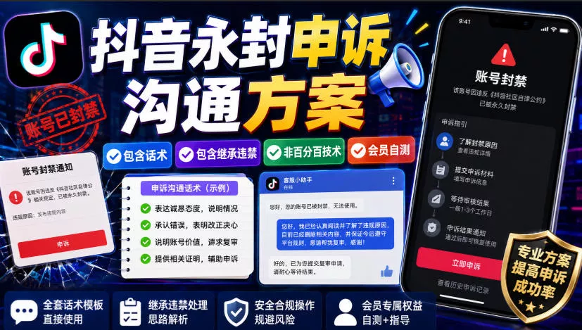 抖音永封申诉沟通方案，包含话术，包含继承违禁，非百分百技术，会员自测 - 来及网络