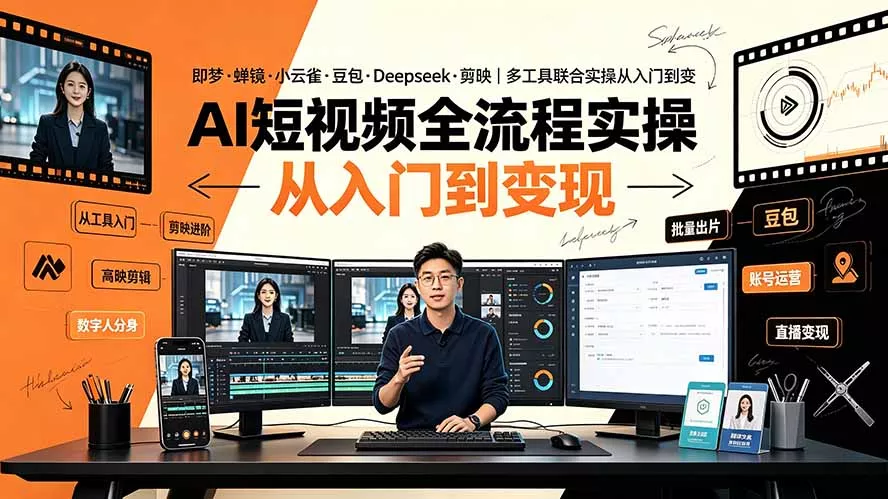 AI短视频全流程实操：即梦·蝉镜·小云雀·豆包·Deepseek·剪映｜多工具联合实操从入门到变现 - 来及网络