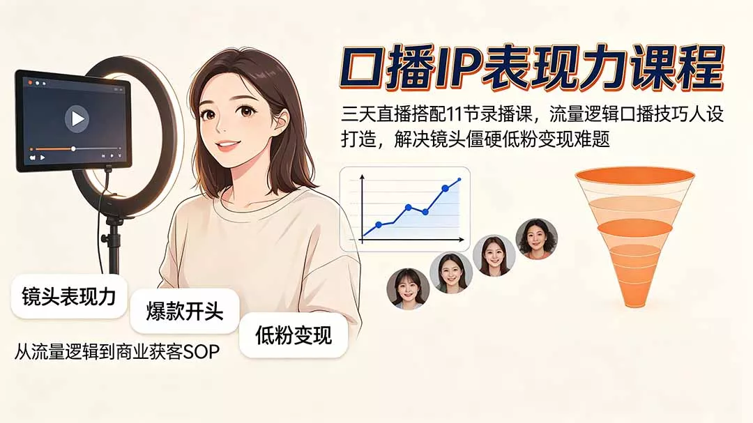 口播IP表现力课程｜三天直播搭配11节录播课，流量逻辑口播技巧人设打造，解决镜头僵硬低粉变现难题 - 来及网络