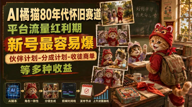 AI橘猫80年代怀旧赛道，平台流量红利期，新号最容易爆，伙伴计划-分成计划-收徒商单等多种收益 - 来及网络