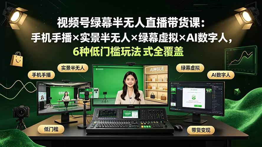 视频号绿幕半无人直播带货课：手机手播×实景半无人×绿幕虚拟×AI数字人，6种低门槛玩法全覆盖 - 来及网络