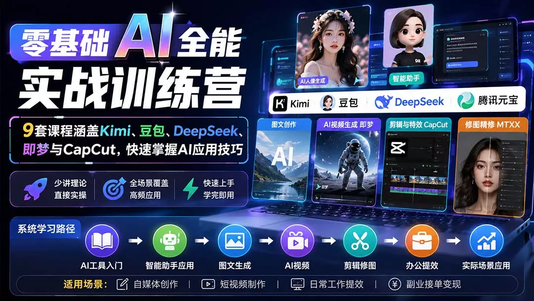 零基础AI全能实战训练营：9套课程涵盖Kimi、豆包、DeepSeek、即梦与CapCut，快速掌握AI应用技巧 - 来及网络