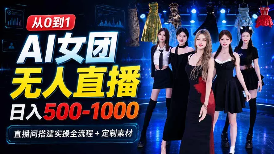 AI 女团无人直播，躺入500-1000每天，直播间搭建实操全流程+定制素材 - 来及网络
