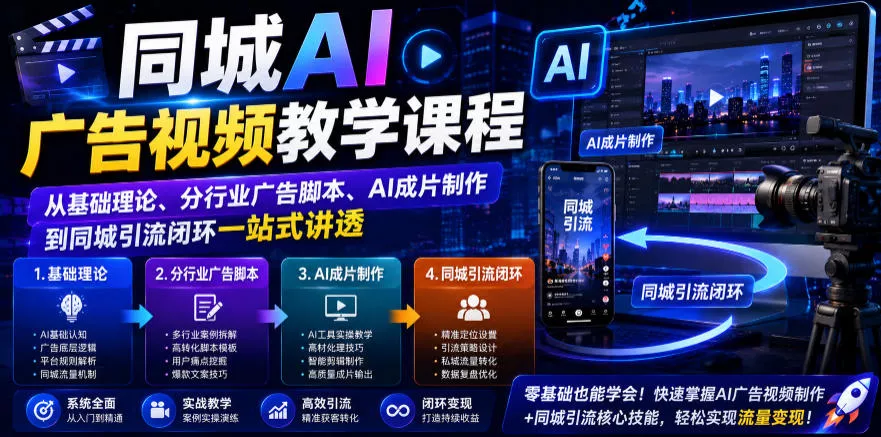 同城AI广告视频教学课程，从基础理论、分行业广告脚本、AI成片制作到同城引流闭环一站式讲透 - 来及网络